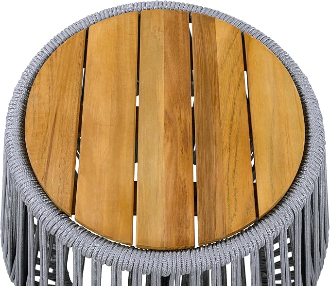 Christopher Knight Home Norshire Outdoor Side Table with Rope Base, Acacia Wood End Table, Round Patio Table, Accent Table for Garden Balcony Poolside and Indoor Use, Garden Stool, Beige+Light Teak