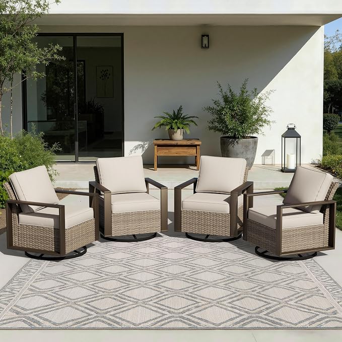Joyside Outdoor Patio Swivel Rocker Chairs Set, 4 Pieces Wicker Rattan Chairs with Metal Wide Armrest, Thick Cushions and Deep Seating for Garden, Backyard, Porch, Deck