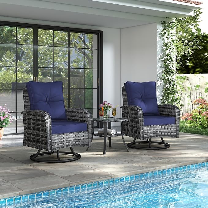 Kromax Outdoor Patio Furniture Set, All-Weather Wicker Swivel Glider Chairs Set of 2 with Coffee Table Table & Thick Machine Washable Cushions for Backyard, Garden, Porch, Grey/Blue