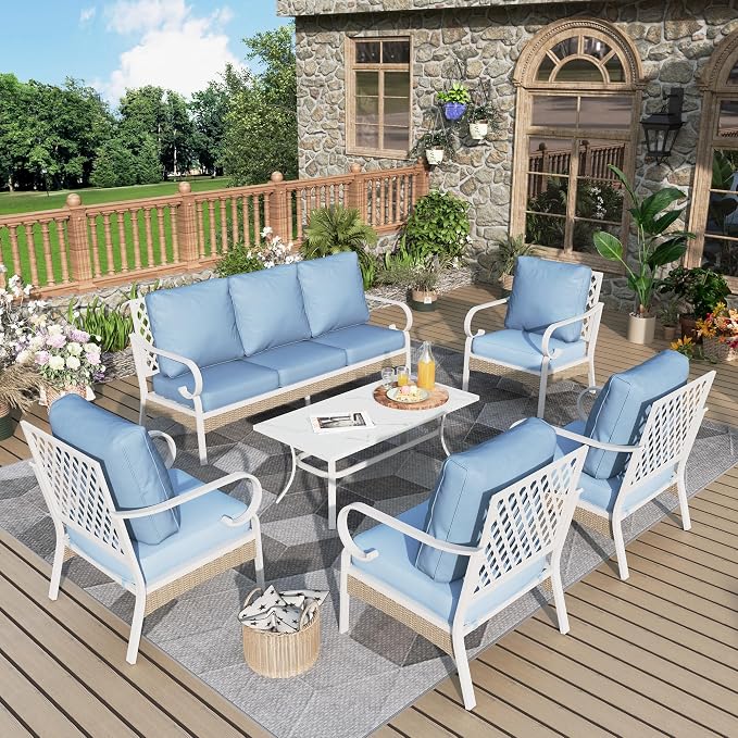 MIXPATIO 6 Piece Patio Furniture Set, 4 x Fixed Chair, 1 x 3-Seat Sofa with Marbling Coffee Table, All Cushioned 7 Seats Outdoor Conversation Set for Lawn Garden Backyard, Blue