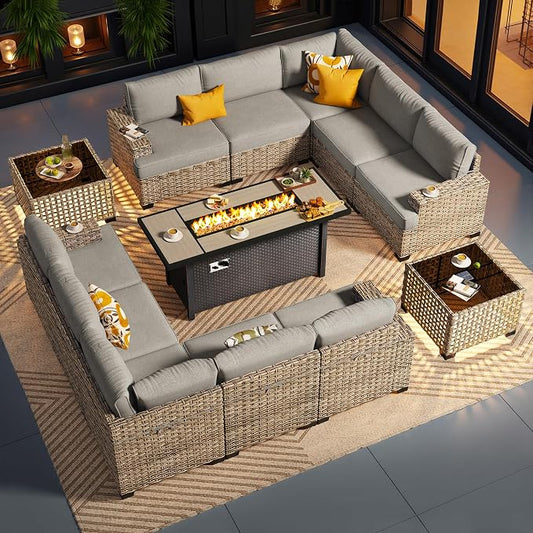 CAODOC Outdoor Sectional Patio Furniture Set with Fire Pit Table,13 Pieces Wicker Conversation Sets L Shaped Couch,Extra Deep Out Door Sofa Outside Furniture, Dark Grey