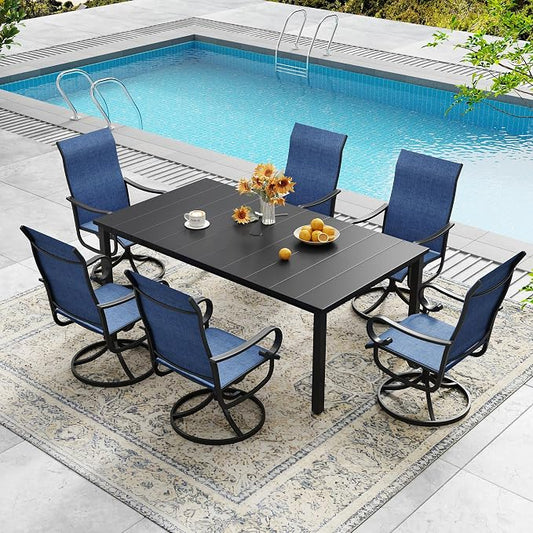 DIFY 7 Pieces Outdoor Patio Dining Set for 6, Swivel Dining Chairs with Blue Textilene and 63" Black Rectangle Metal Dining Table, Outdoor Table and Chairs for Lawn Garden Backyard Deck