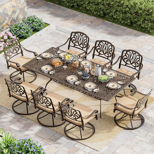 Grepatio 9 Piece Cast Aluminum Outdoor Dining Set, Patio Furniture Set with 2“ Umbrella Hole and 8 Swivel Chairs with Cushions, Patio Dining Furniture Set for Porch Poolside Garden (Khaki)