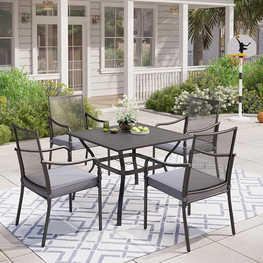 MIXPATIO 5 Piece Patio Metal Dining Set, Outdoor Table and Chairs for 4, Powder-Coating Steel Chairs with 4" Thickened Cushions, 37" Square Metal Table with 1.57" Umbrella Hole for Deck, Backyard