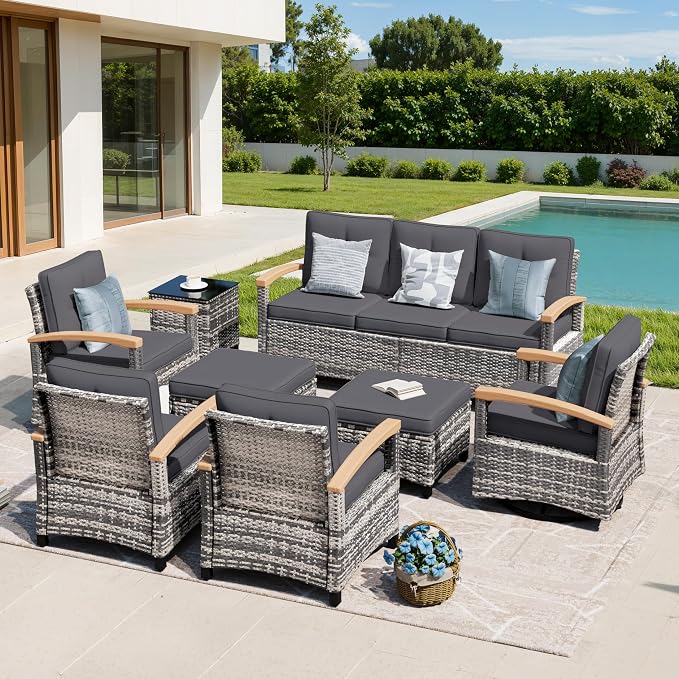 MEISSALIVVE 8 Pieces Outdoor Patio Furniture Sets, Wicker Patio Conversation Sets with 2 Wood Armrests Swivel Glide Chairs,2 Single Chairs, 3-seat Sofa (Grey)