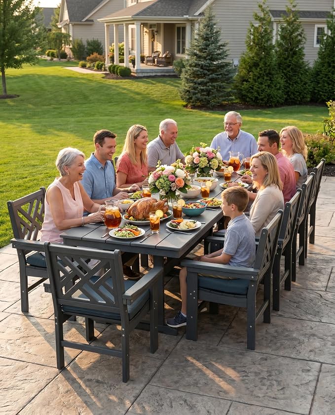 12 Piece HDPE Outdoor Dining Set for 10, Patio Dining Furniture Set with 2 Table and Umbrella Hole, Outdoor Table and Chairs for Garden, Poolside, Backyard, Deck