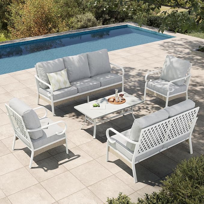 HERA'S HOUSE 5 Piece Metal Patio Furniture Set, 7 Seats All Weather Outdoor Conversation Set, 3 Seat Sofa with Loveseat, 2 Fixed Chairs, Coffee Table for Backyard, Garden, Deck, White/Grey