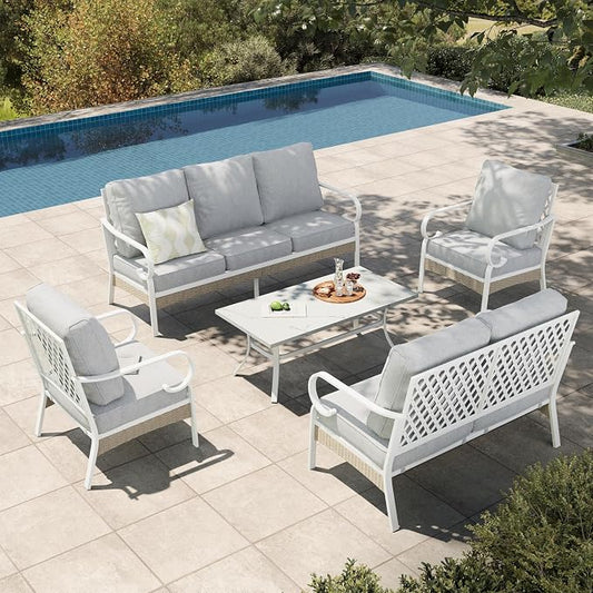 HERA'S HOUSE 5 Piece Metal Patio Furniture Set, 7 Seats All Weather Outdoor Conversation Set, 3 Seat Sofa with Loveseat, 2 Fixed Chairs, Coffee Table for Backyard, Garden, Deck, White/Grey