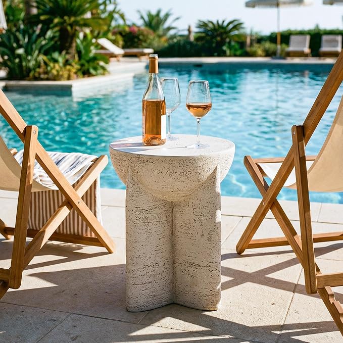 COSIEST Outdoor Side Table White, MgO Concrete Side Table, Lightweight Outdoor Accent Table with Faux Natural Slate Rock, Cylinder Patio Table Top Plant Stand for Garden and Deck