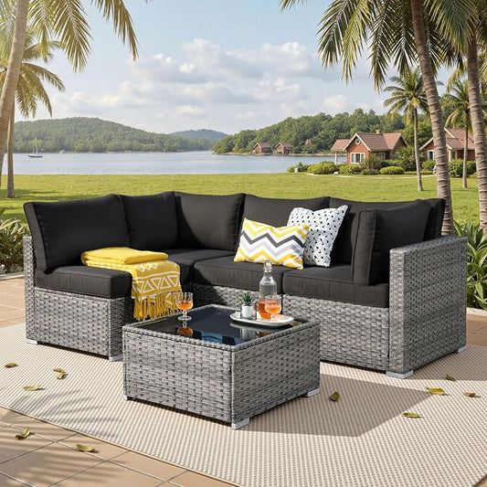 ovios Outdoor 5 Piece Coversation Set with Coffee Table,Sectional Patio Furniture Set with All-Weather Wicker Sofa,Modern Outside Couch for Balcony Backyard Pool, Black