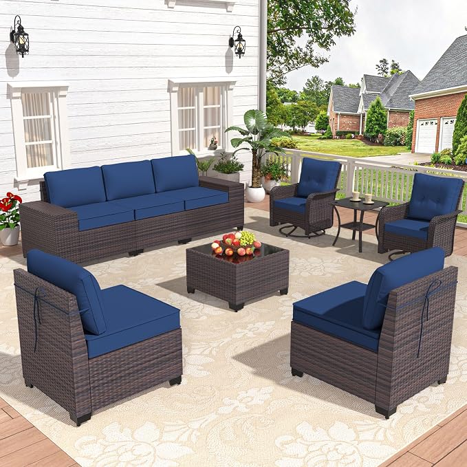 Patio Furniture Set 9 Pieces Outdoor Swivel Rocking Chairs Sofa Set,PE Rattan Wicker Patio Conversation Set with Thickened Cushions and Glass Coffee Table,NavyBlue