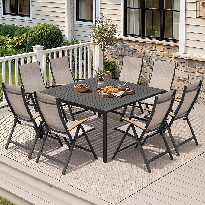 Crestlive Products Square Outdoor Dining Table for 8, 56" Aluminum Patio Table with Umbrella Hole Weather-Resistant Outside Table for Garden Backyard Deck, Black