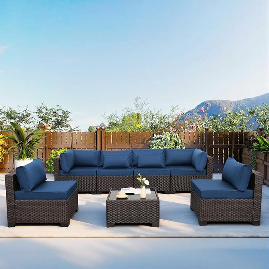 WAROOM Outdoor Patio Furniture Set 7 Pieces Wicker Sectional Sofa Brown Rattan Conversation Couch with Coffee Table, Anti-Slip Thick Nave Blue Cushion