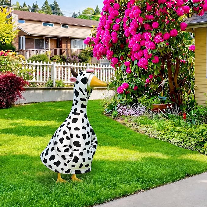 Cow Porch Goose Outfit for 23" Cement Plastic Goose Clothes Cow Costume with Horns for 23" Geese Statue Decoration Patio Yard Garden Lawn Outdoor Decors