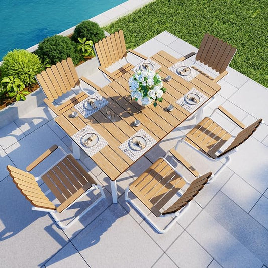 7 Pieces Outdoor Dining Set for 6, Patio Table and Chairs Set with Umbrella Hole, All-Weather HDPE Outdoor Furniture Sets for Backyard Poolside Lawn Garden (White & Teak)