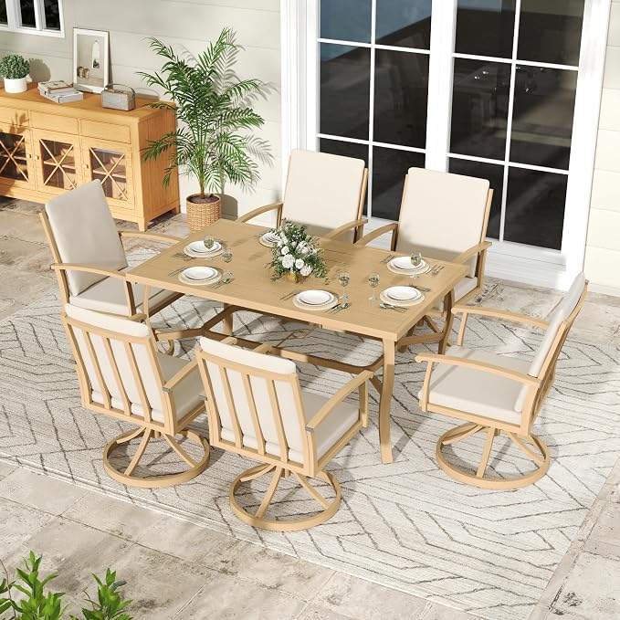 6-Person Outdoor Dining Table, Aluminum Rectangle Outdoor Dining Table with 2.2" Umbrella Hole, Rustproof Aluminum Patio Dining Table for 6, All-Weather for Garden Yard Poolside, Beige