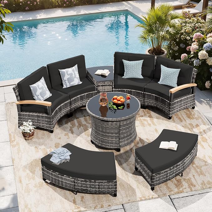 MEISSALIVVE 8-Piece Half-Moon Curved Outdoor Patio Furniture Set, Sectional Conversation Sofa with 2 Half-Moon Ottomans, Round Coffee Table for Backyard Deck Garden, Black
