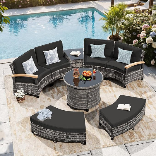 MEISSALIVVE 8-Piece Half-Moon Curved Outdoor Patio Furniture Set, Sectional Conversation Sofa with 2 Half-Moon Ottomans, Round Coffee Table for Backyard Deck Garden, Black