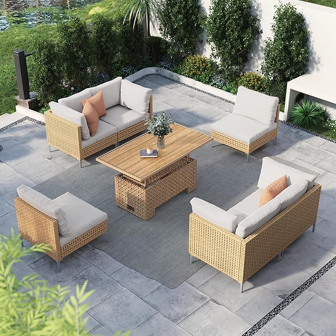 Grand patio 7-Piece Patio Wicker Furniture Set with Lift Top Coffee Storage Table, Outdoor Conversation Set Sectional Sofa with Water Resistant Thick Cushions, Cream