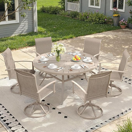 7 Pieces Round Outdoor Table and Chairs Set, Patio Dining Set with 50" Round Spliced Outdoor Table and Patio Swivel Chairs for Backyard Lawn Garden, Sandshell Table and Sandshell Chairs