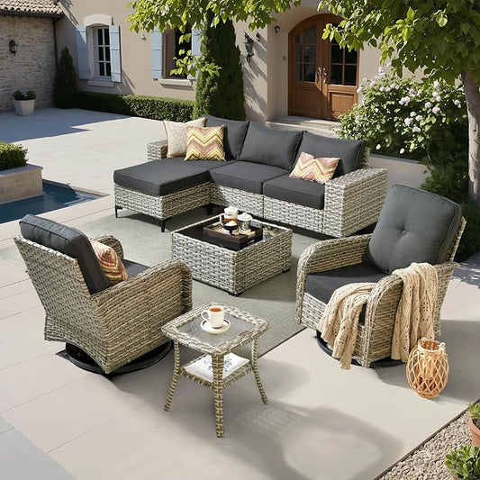 ovios 8-Piece Patio Furniture Set with L-Shape Sofa Chaise, Outdoor Sectional Couch Swivel Gliders, Modern Modular Wicker Rattan Conversation Set, Black