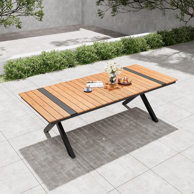 Pellebant 94" Outdoor Dining Table for 8-10, 8ft Aluminum Patio Table with Umbrella Hole, Weather Resistant Teak Wood Grain Tabletop and Sturdy Frame for Deck, Porch, Backyard