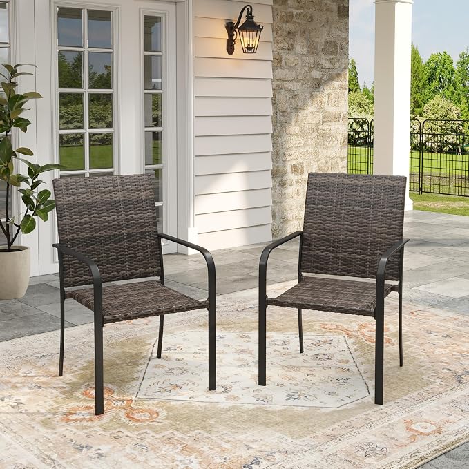 VICLLAX 11 Pieces Patio Dining Set, 10 Stakable Wicker Outdoor Chairs and 63" Patio Round Metal Table with Umbrella Hole for Backyard Lawn Deck, Walnut Tabletop