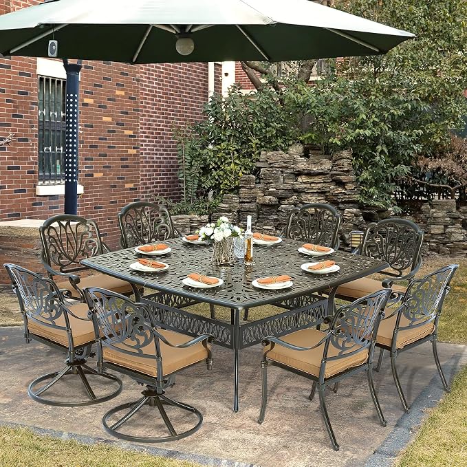 9-Piece Patio Cast Aluminum Dining Set, Outdoor Dining Furniture Set for 8 Person, Includes 64" Square Table, 6 Stationary and 2 Swivel Dining Chairs with Umbrella Hole, Tan