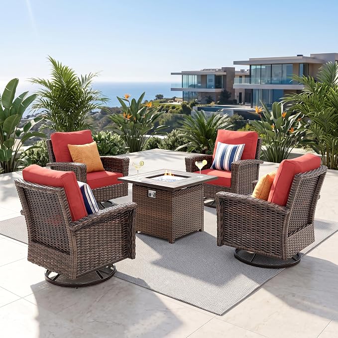 Patio Furniture Set with Swivel Chairs, High Back Wicker Rattan Furniture with 5.5" Thick Cushions & Fire Pit Table, All Weather Outdoor Conversation Set for Backyard Deck, 4 Seats, Red
