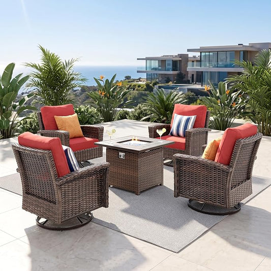 Patio Furniture Set with Swivel Chairs, High Back Wicker Rattan Furniture with 5.5" Thick Cushions & Fire Pit Table, All Weather Outdoor Conversation Set for Backyard Deck, 4 Seats, Red