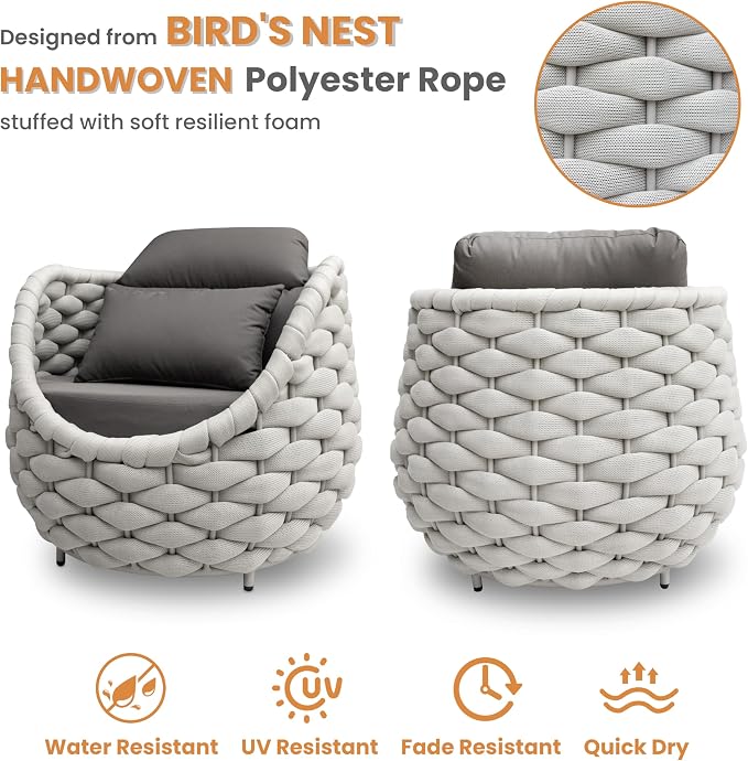 Front Porch Furniture Set 3 Piece: Aluminum Woven Rope Patio Conversation Sofa Set for 2 - Assembled Outdoor Deck Couch Armchair Set Cushions - for 400lb Balcony Pool Yard Bistro Hotel - Gray
