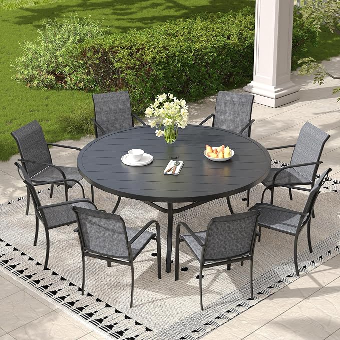 Patio Table and Chairs Set for 8, Outdoor Dining Set with 8 Stackable Dining Chairs and 53" x 53" Metal Slatted Round Dining Table for Porch, Deck, Lawn, Garden, Grey & Black