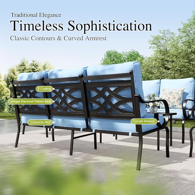 Sophia & William Patio Conversation Set for 4, 4 Rocking Chairs and a 28" Square Fire Pit Table, Metal Outdoor Furniture with 5.75" Extra Thick Cushions, Blue