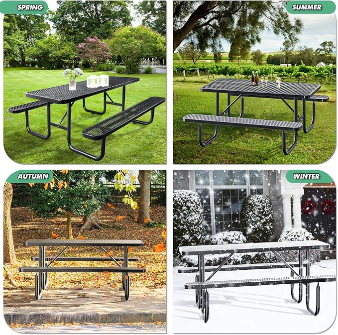 6FT/72IN Heavy Duty Outdoor Picnic Table and 2 Benches for 4-8 People, Weather Resistant Rectangular Steel Picnic Table Set with Umbrella Hole for Yard Patio Lawn Party Black