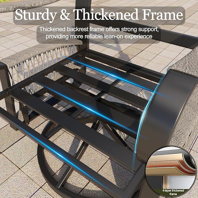 3 Pieces Outdoor Furniture Set, Metal 360° Swivel Rocking Chairs Bistro Sets, Patio Conversation Set with Side Table for Deck, Porch, Garden, Backyard, Poolside (Blue Cushions)
