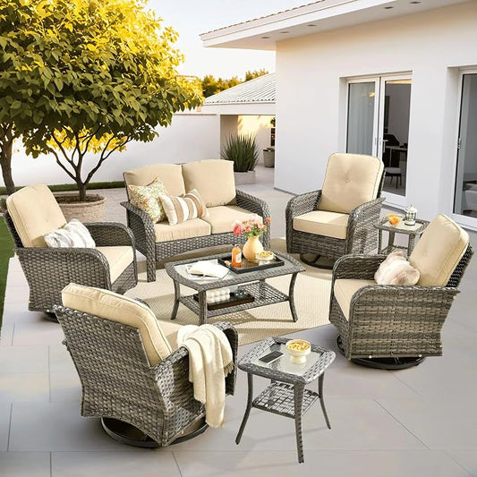 ovios 8-Piece Patio Furniture Set, Outdoor Wicker Sofa with Swivel Chairs Coffee Table, High Back Rattan Couch Loveseat with Comfy Cushions for Porch Yard Deck, Beige