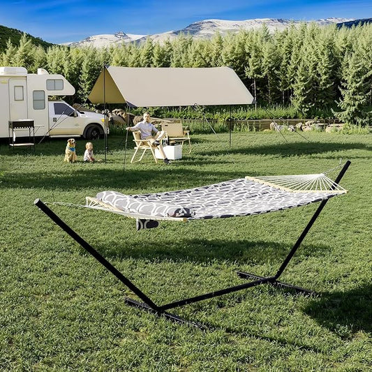 2 Person Outdoor Hammock with Stand, 450 LBS Heavy Duty Anti-Tipping Frame with Balance Rope, Rainproof & Quick Dry for Patio, Backyard, Balcony & Outdoor Garden Use, Light Gray Texture