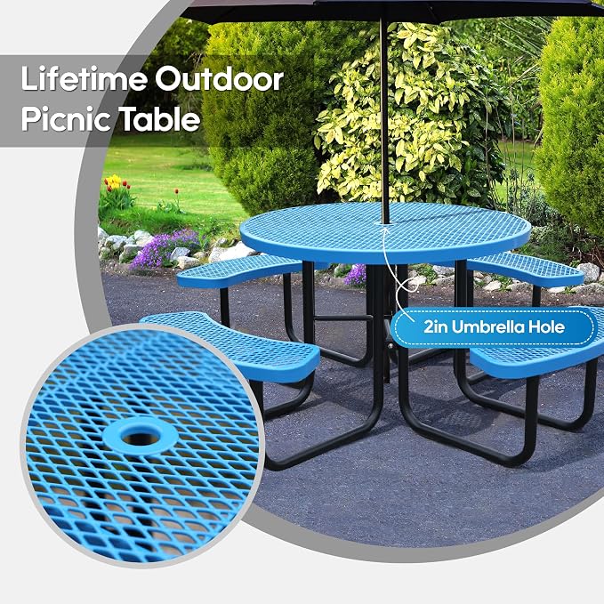 8-Person Picnic Tables for Outdoors, Industrial 46" Expanded Metal Round Picnic Table with 4 Benches & Umbrella Hole, Outside Table and Bench Set for Park, Garden, Backyard, Patio, Blue