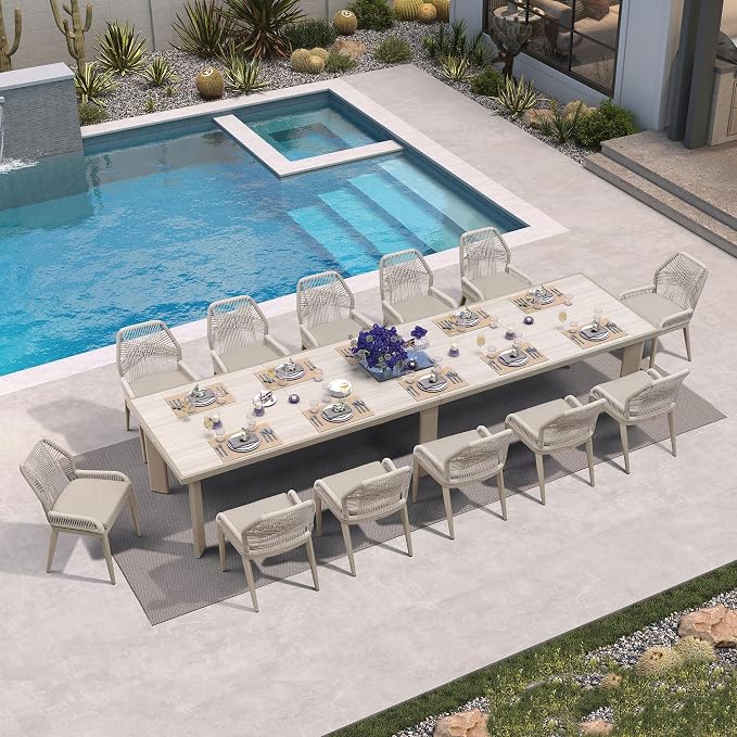 PURPLE LEAF 13 Pieces Patio Dining Set Aluminum Rectangular Table and Wicker Chairs with Cushions for Kitchen Porch Garden Modern Outdoor Furniture Sets, Champagne