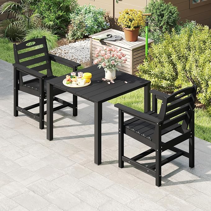Domi HDPE Outdoor Dining Set, All-Weather Outdoor Dining Table Set of 3 with 2" Umbrella Hole, Outdoor Patio Dining Set for Garden, Poolside, Backyard, Deck, Black