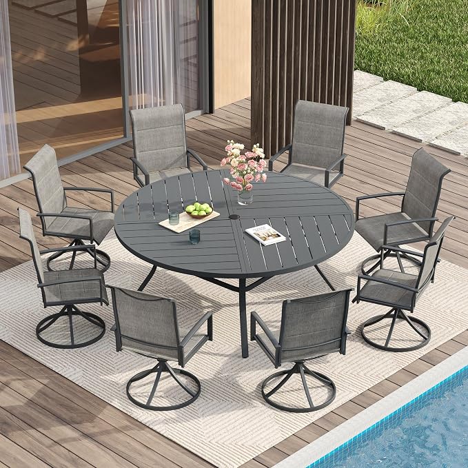 VICLLAX Round Patio Table with Adjustable Umbrella Hole for 8, All Weather Metal Outdoor Dining Table for Lawn Garden, 59.8" Outdoor Coffee Table, Grey Tabletop
