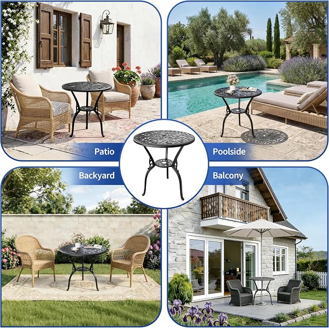 Garvee 23" Round Patio Dining Table with Umbrella Hole,Antique Cast Aluminum Outdoor Bistro Table,Umbrella Table,Side Table,End Table,Outdoor Furniture for Backyard,Garden,Patio,Porch,Black