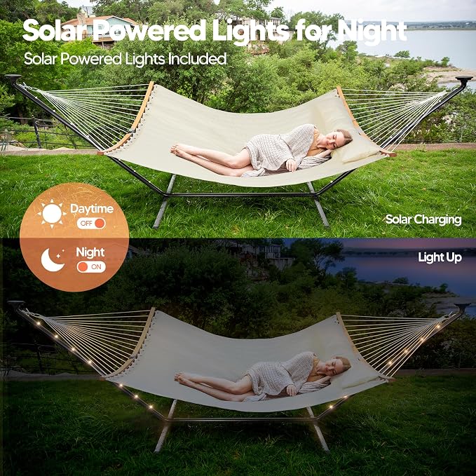 SUNCREAT Double Outdoor Hammock with 12 ft Stand, Self Standing Hammocks with Stand, Beige