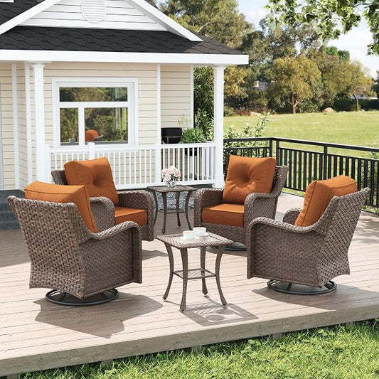 LayinSun 6 Piece Wicker Outdoor Furniture Set with 6-inch Comfy Cushions, High Back Patio Furniture Set with Swivel Rocking Chairs and Side Table