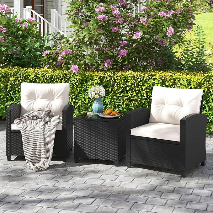 HAPPYGRILL 3 Pieces Wicker Patio Conversation Set, PE Rattan Bistro Sofa Set with Tempered Glass Coffee Table, Washable Cushions, Outdoor Furniture Set for Garden Poolside Balcony (Off White)