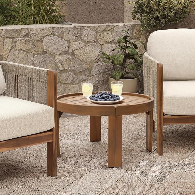 LuxenHome 27.5" Dia Outdoor Round Coffee Table, Acacia Wood Patio Table with Raised Edge, Small Wooden Garden Coffee Table for Balcony, Patio, Porch