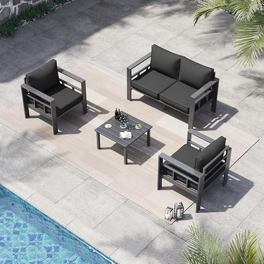 4 Piece Aluminum Patio Furniture Set, Thick Cushions, Aluminum Outdoor Sectional Conversation Set with Coffee Table for Porch, Backyard, Deck(Grey/Dark Grey-1)