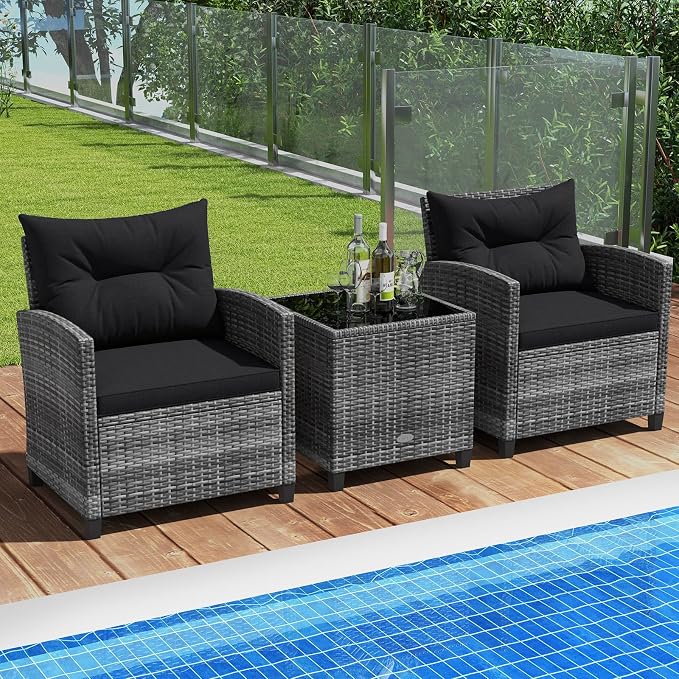 ORALNER Patio Furniture, 3 Pieces Outdoor Wicker Conversation Set Chairs with Soft Cushions and Glass Coffee Table, Rattan Bistro Set for Balcony Garden Deck Front Porch Poolside (Black)