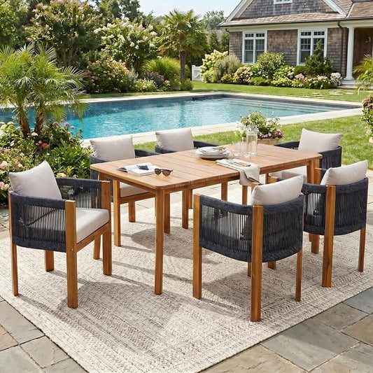 Christopher Knight Home Matera Acacia Wood Outdoor Dining Set for 6, 7 Piece Patio Dining Table and Chair Set, Wooden Outdoor Dining Armchair and Table Set with Cushion, Black+Teak+Sand