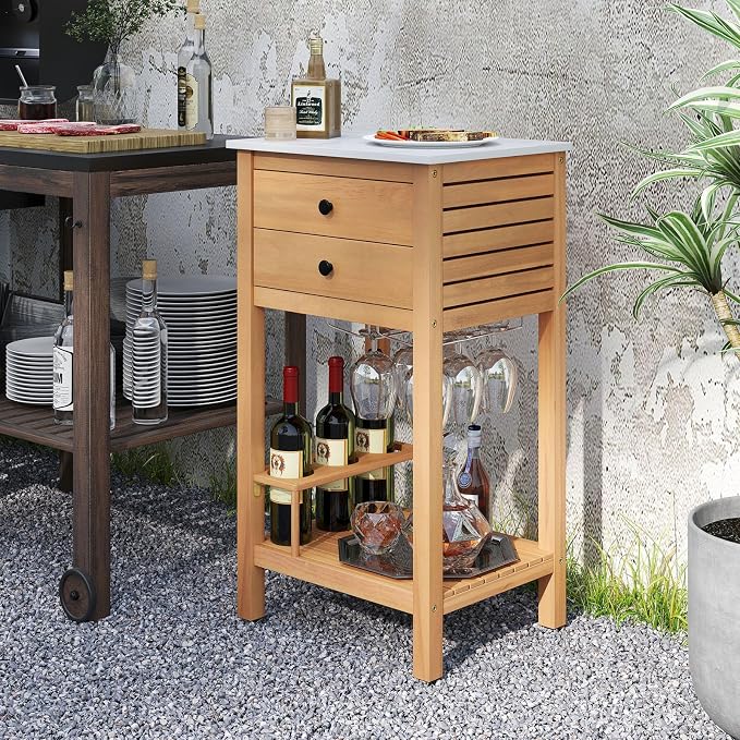 Goplus Outdoor Side Table, Acacia Wood Bar Table w/Marble-Like Countertop, 2 Storage Drawers, Bottom Shelf, Glass & Wine Holders, Small Buffet Sideboard for Patio, Backyard, Garden, Deck Corner